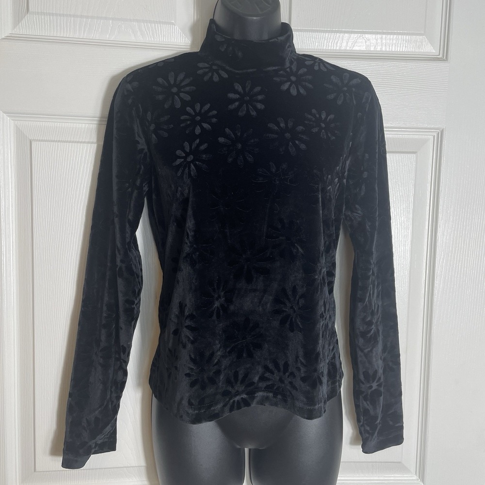 Vintage Jazz Sport Velvet Shirt Women S Black Tonal Floral Mock Neck 80s Top USA